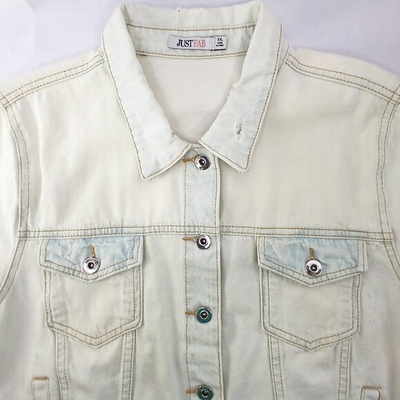 💲Sale - JustFab Light Blue Faded Distressed Crop Short Denim Jacket Blazer GUC - Picture 3 of 8